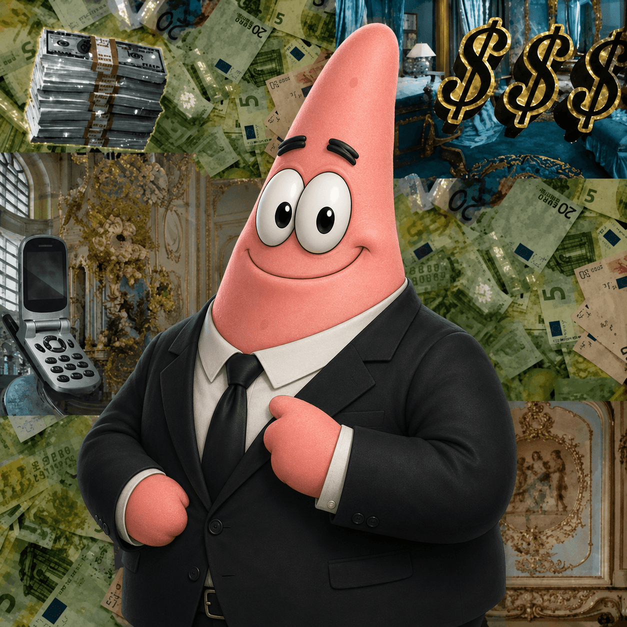 FATPAT, Bikini Bottom's business starfish, in a suit surrounded by cash
