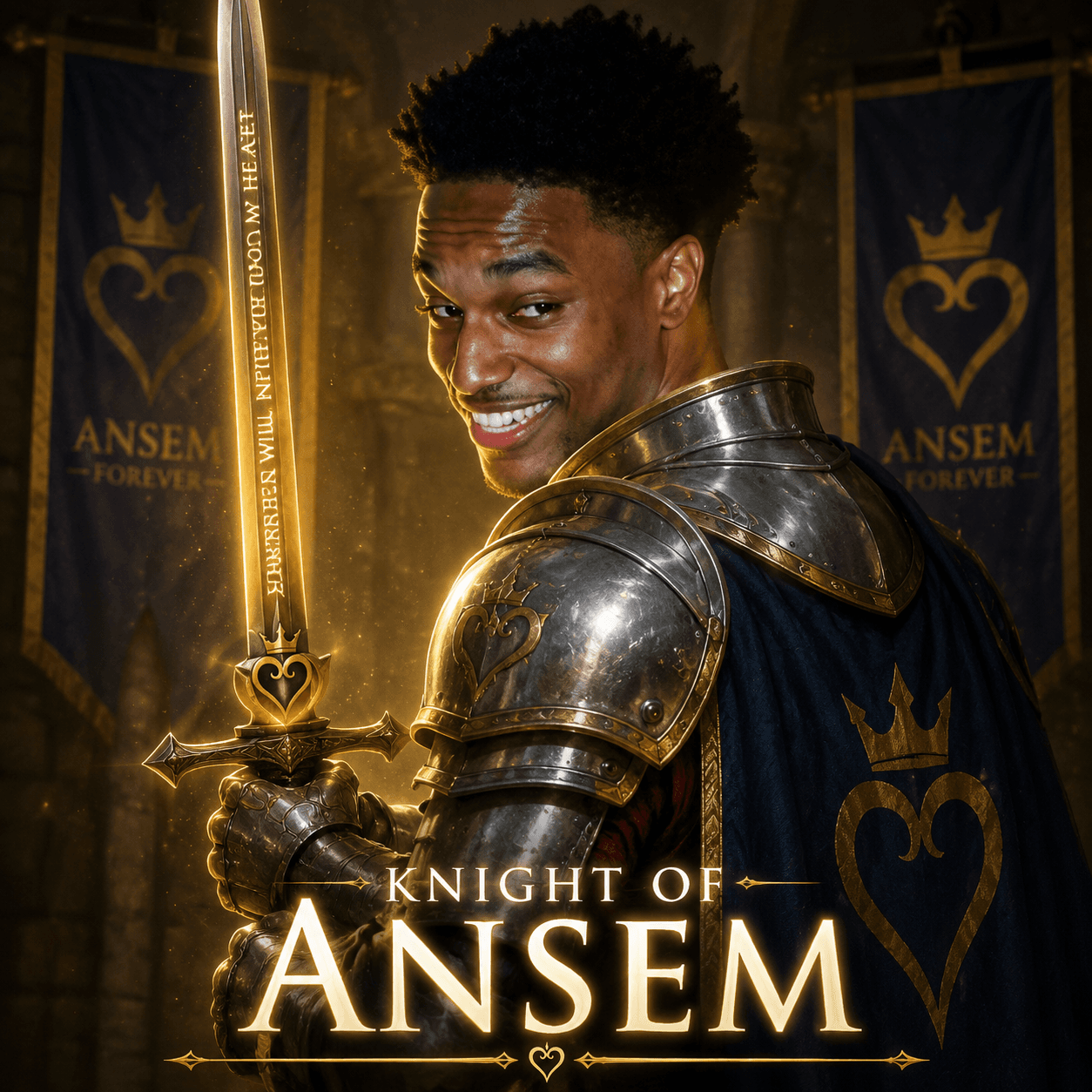 Knight of Ansem in gold-trimmed armor, sword raised, banners reading Ansem Forever